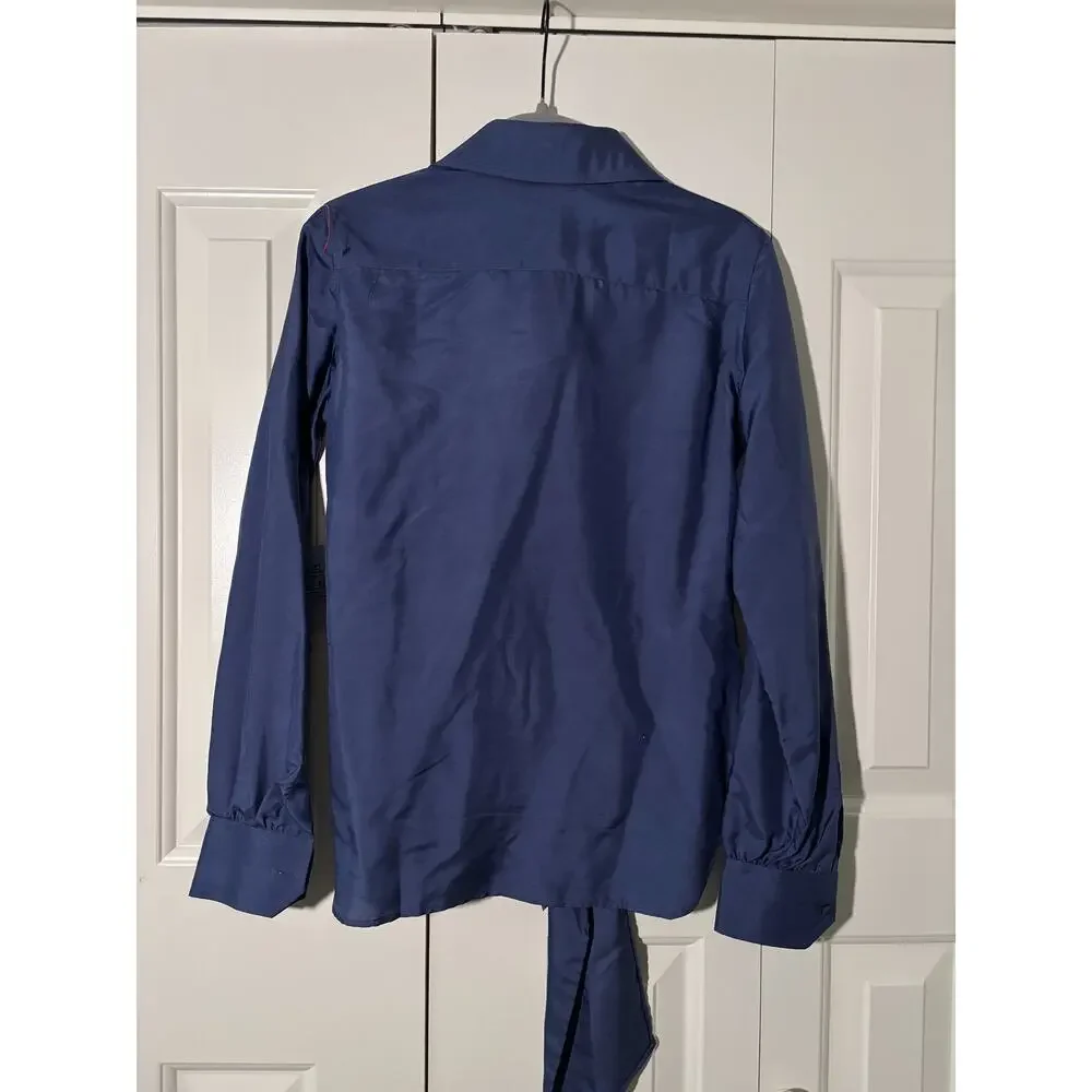 Vintage 100% Silk Blue Button Down Shirt with Tie, Size S - Picture 10 of 11
